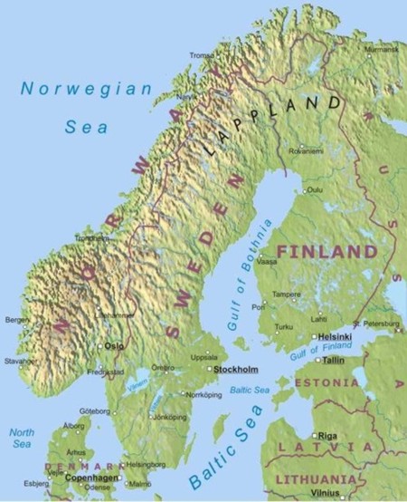 Physical map of Scandinavian countries. Denmark, Sweeden, Norway.