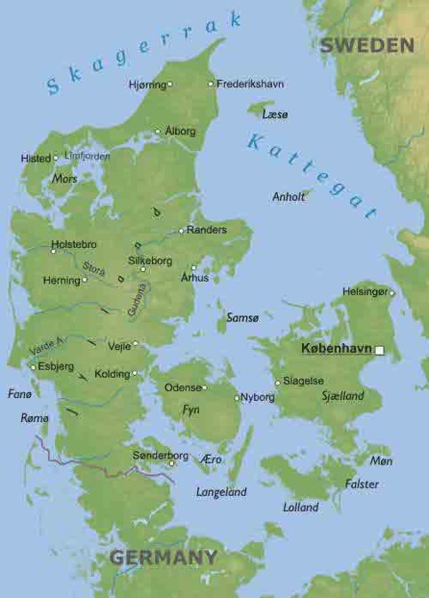 Physical map of Scandinavian countries. Denmark, Sweeden, Norway.