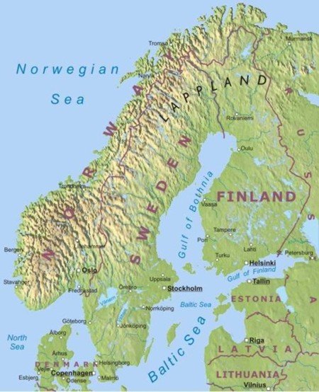 Physical map of Scandinavia